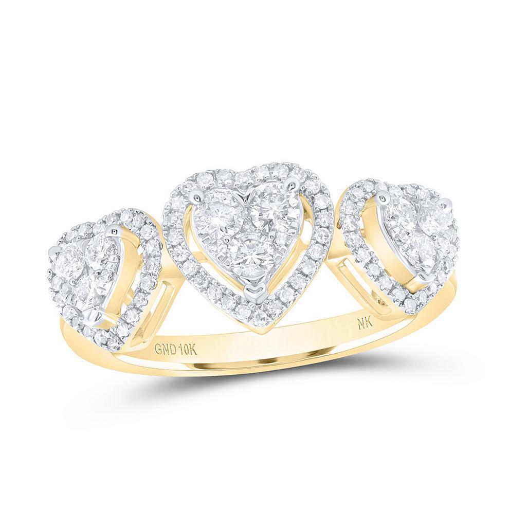 0.50ctw Diamond Three Heart Ring Band 10k Yellow Gold Womens