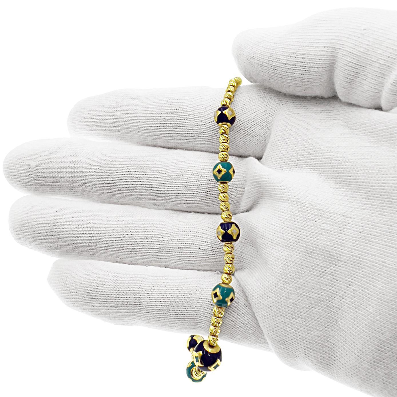 Diamond Cut Ball Chain Enameled Bead Necklace Real 14k Yellow Gold 16"