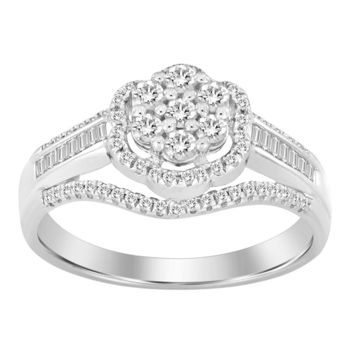 0.50 Cttw Baguette Diamond Flower Cluster Engagement Ring 10k White Gold