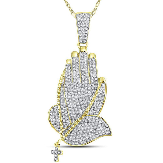 0.88ctw Diamond Praying Hands Cross Pendant 10K Yellow Gold