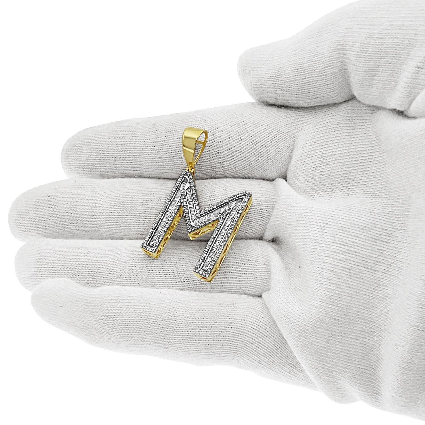 1.50 Cttw Baguette Round Diamond M Initial Letter Pendant 10k Yellow Gold