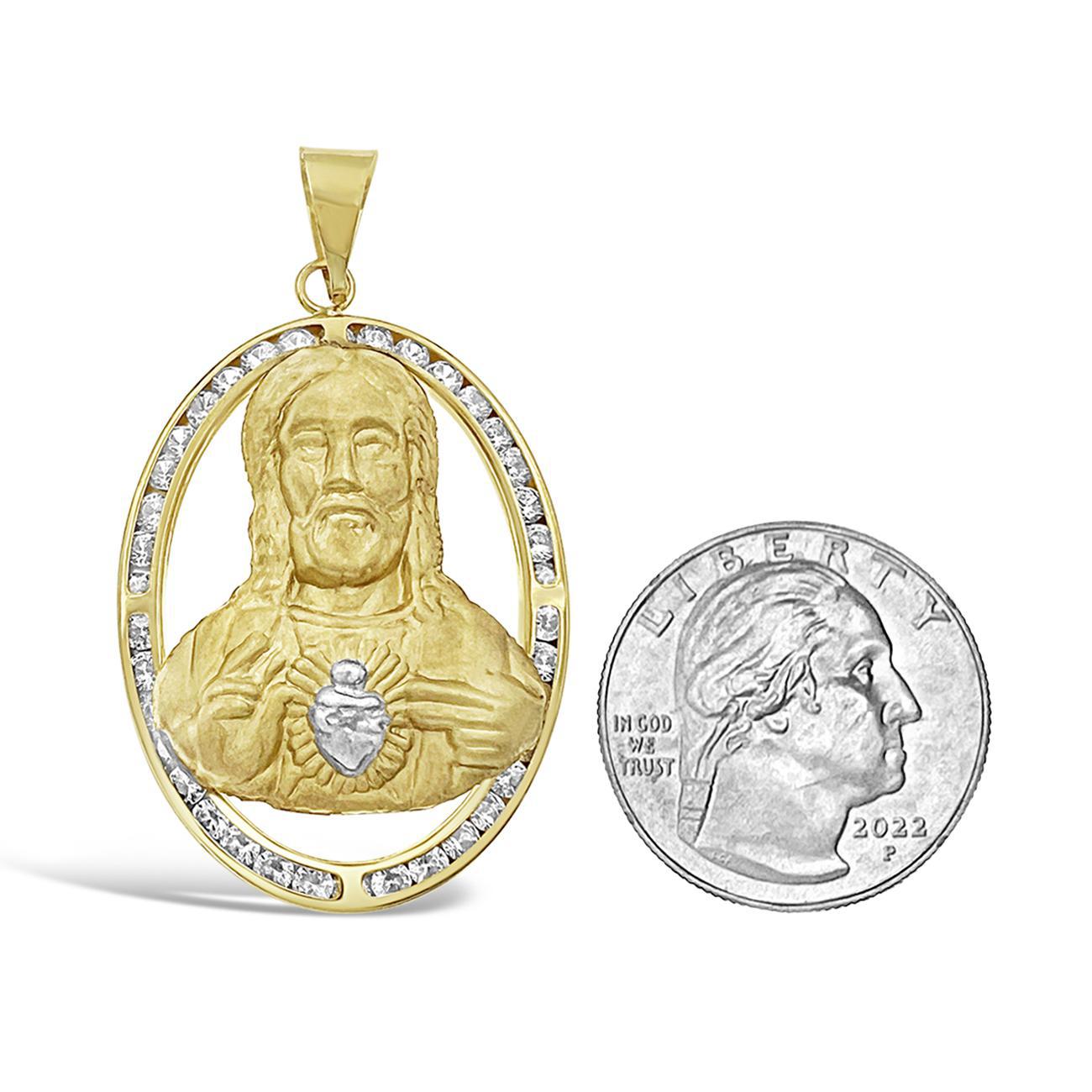 Sacred Heart of Jesus Oval Pendant Mens CZ Charm 10k Yellow Gold 2 inch