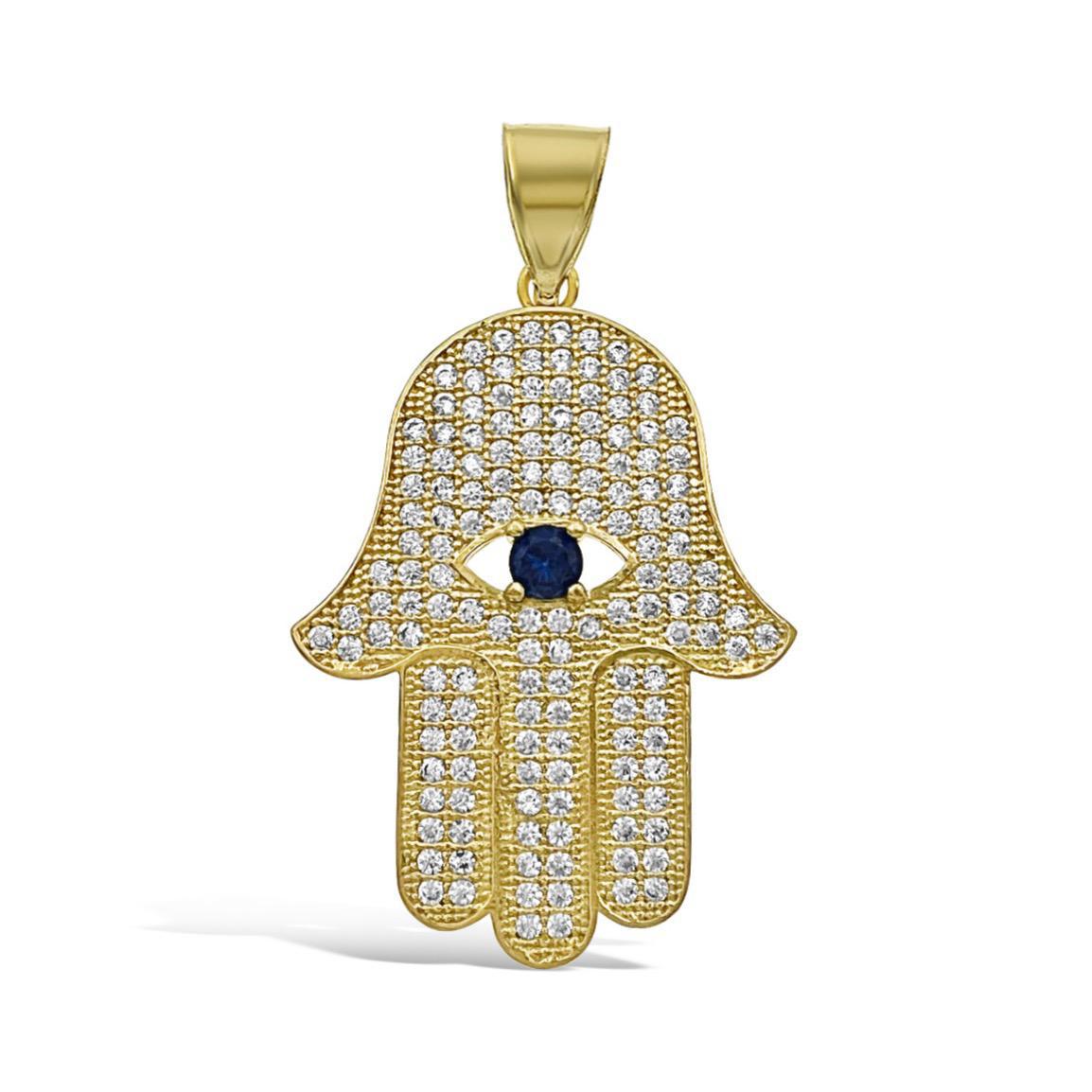 Hamsa Fatima Hand Palm Pendant 10k Yellow Gold CZ Charm 1.7 inch