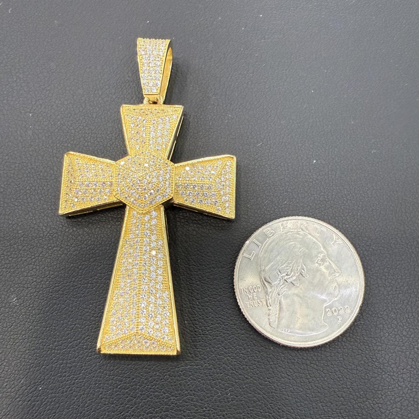 Cross Pendant Charm 925 Sterling Silver Gold Plated Iced Out 2.4"