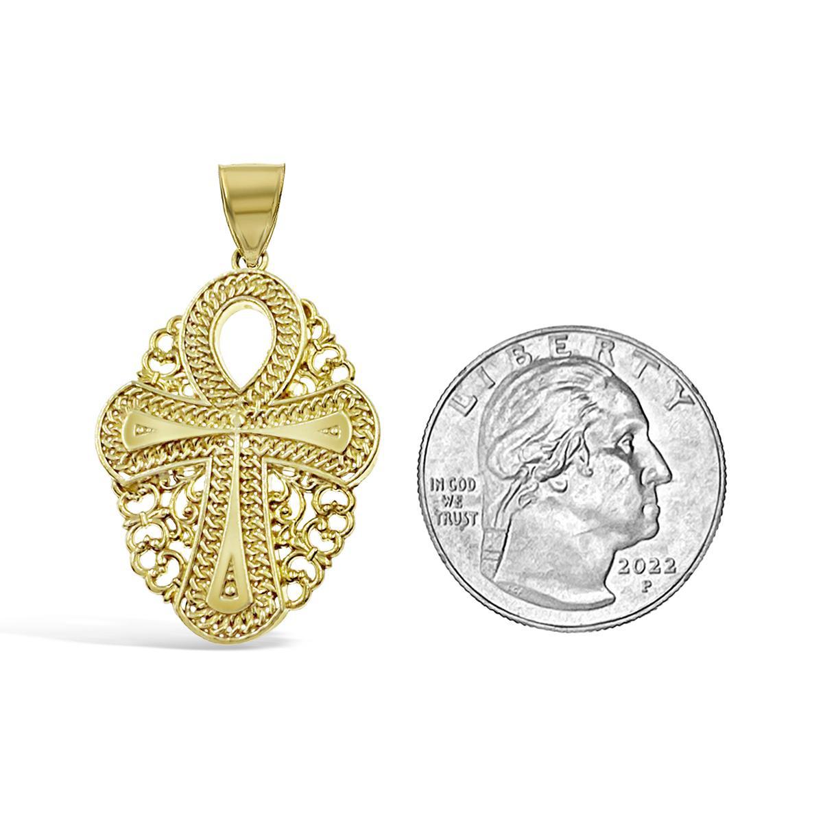 Egyptian Ankh Cross Filigree Pendant Charm 14k Yellow Gold 1.5 inch