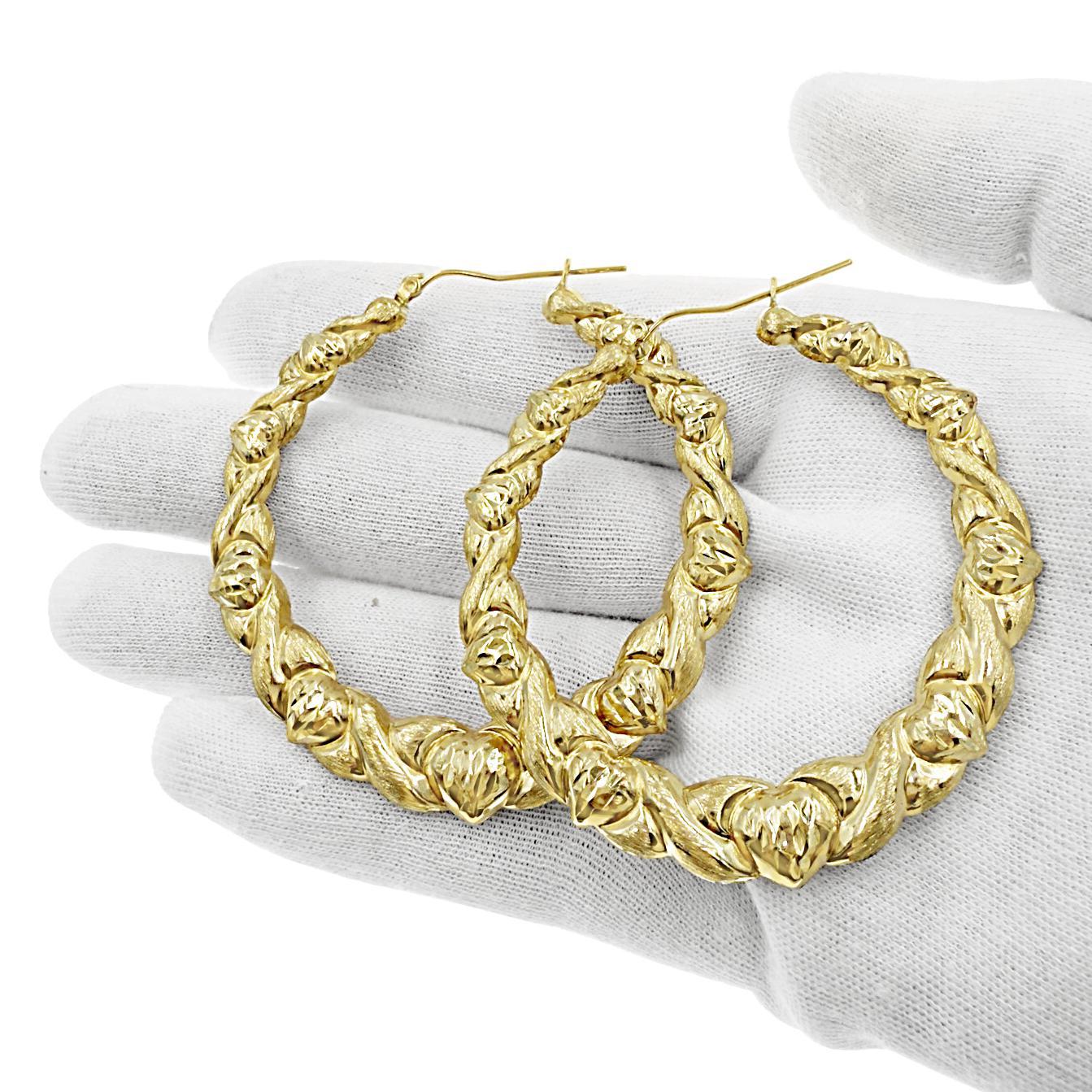 10K Yellow Gold Large Heart XO Hoop Earrings Womens 2.2 Inch