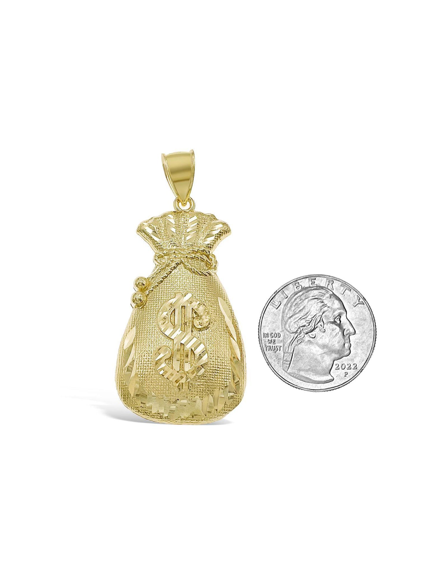 Money Bag Mens Charm 10k Yellow Gold Dollar Sign Pendant 2.2"