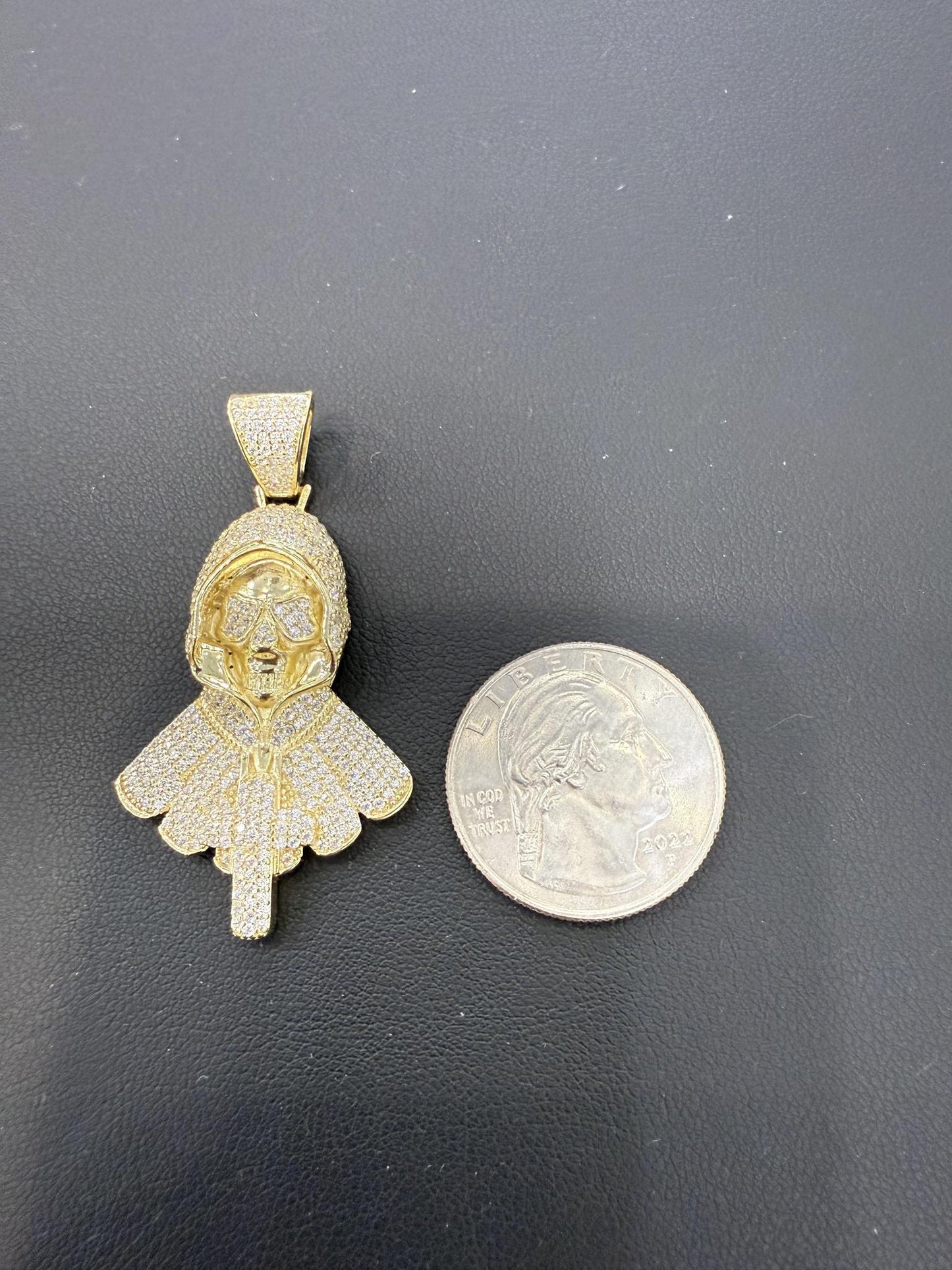 Grim Reaper Skull Pendant 925 Sterling Silver Gold Plated CZ Iced Out
