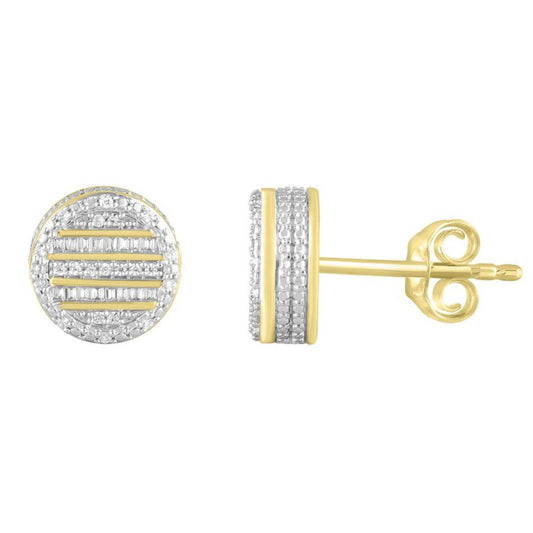 0.25 ctw Baguette Round Diamond Stud Earrings 10k Yellow Gold Mens Screw back