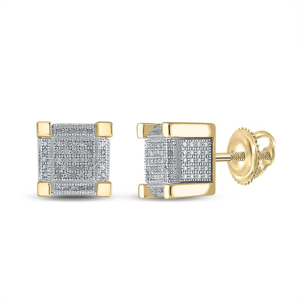 0.25cttw Diamond Square Cube Mens Stud Earrings 925 Sterling Silver Yellow tone