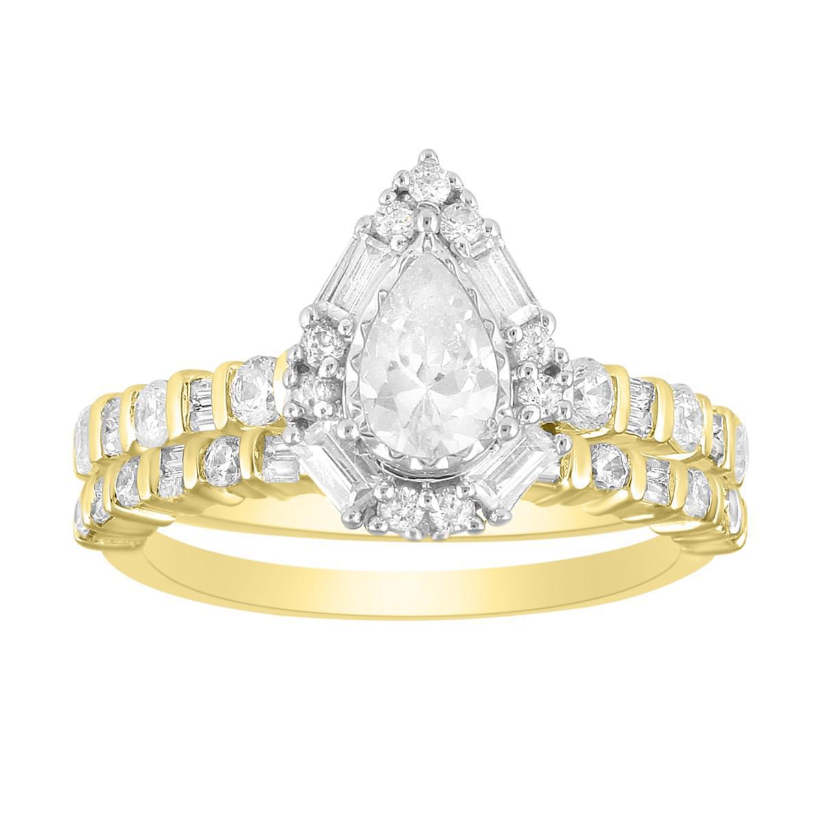 1.25cttw Pear Baguette Diamond Teardrop Shape Wedding Bridal Ring Set 14k Gold