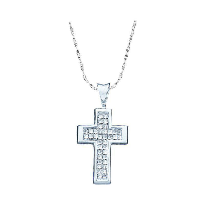 0.25 Ctw Princess Diamond Cross Religious Pendant 14k White Gold