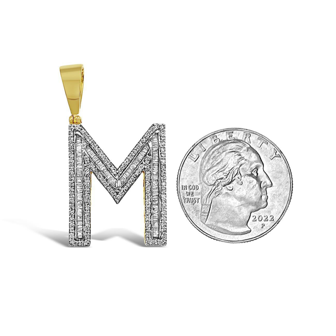 1.50 Cttw Baguette Round Diamond M Initial Letter Pendant 10k Yellow Gold
