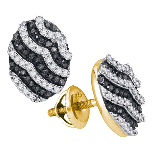 0.45ctw Black White Diamond Oval Cluster Stripe Stud Earrings 10k Yellow Gold
