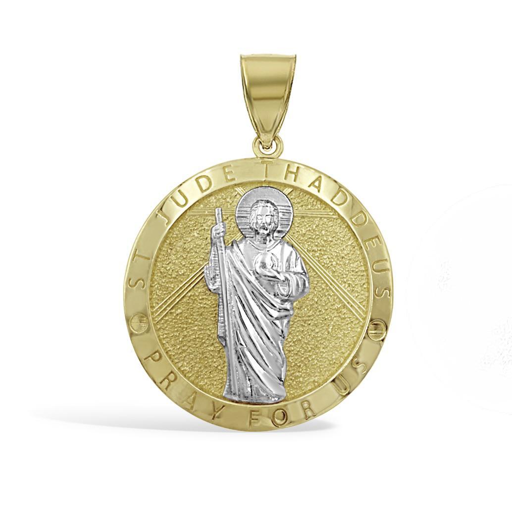 Saint Jude Thaddeus Pendant Round Charm 10k Yellow White Gold 1.9 inch