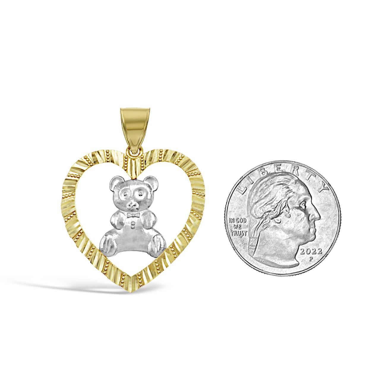 Teddy Bear Heart Pendant Charm 10k Two Tone Gold
