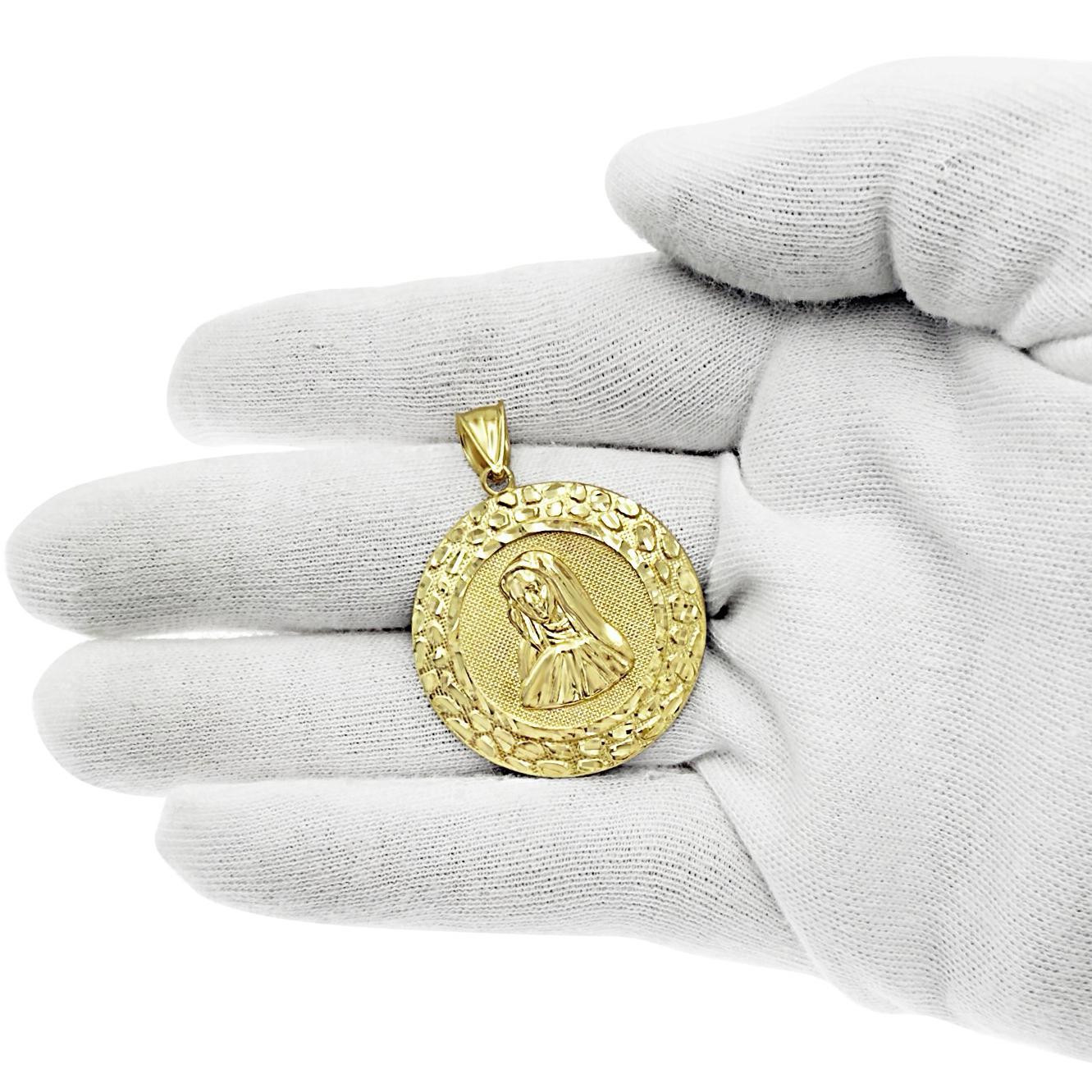 Virgin Mary Pendant Lady Guadalupe Charm 10k Yellow Gold 1.6 inch