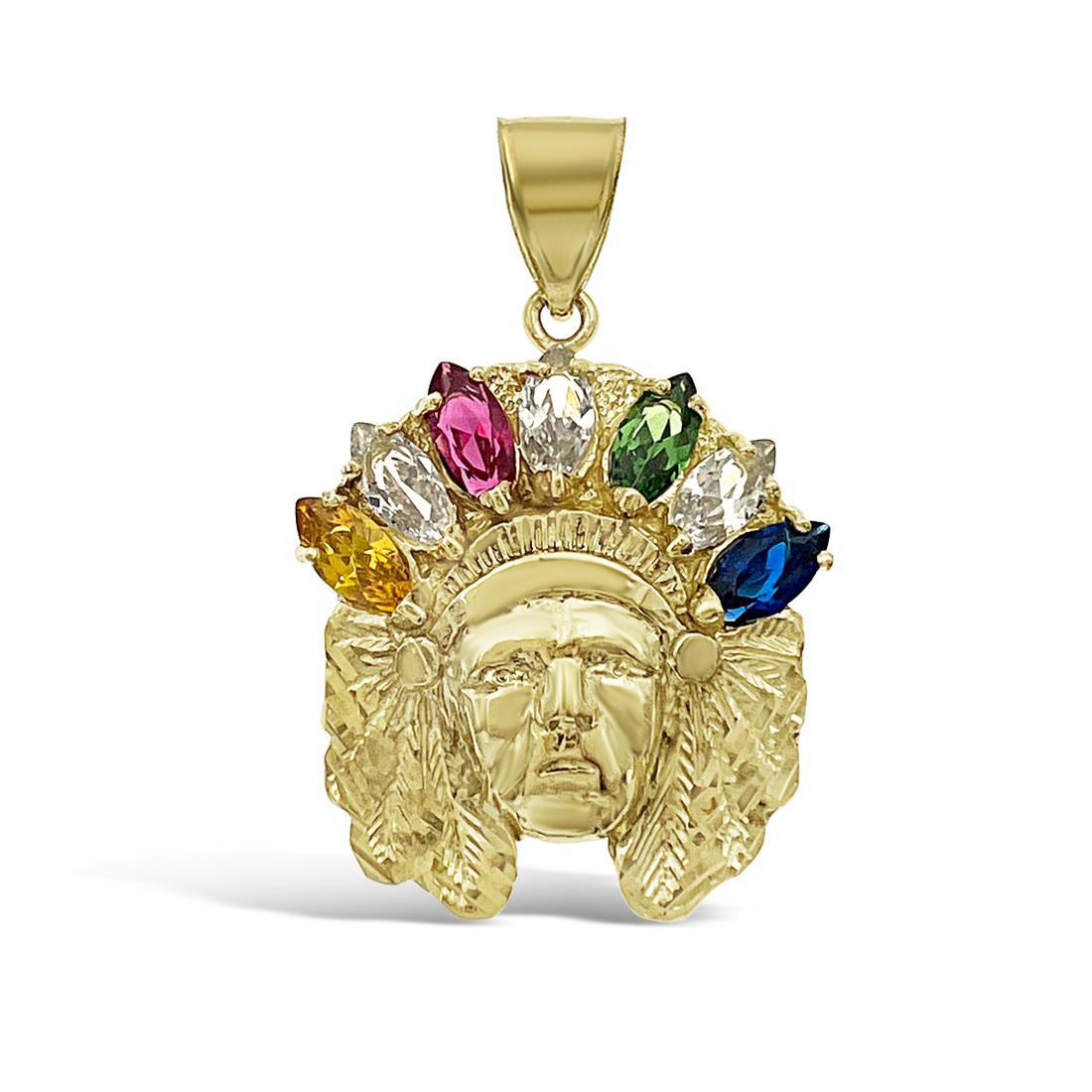 Native Indian Head Rainbow Pendant 10k Yellow Gold Charm 1.7"
