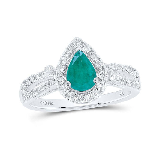 1 Cttw Pear Natural Emerald & Diamond Halo Ring 10k White Gold