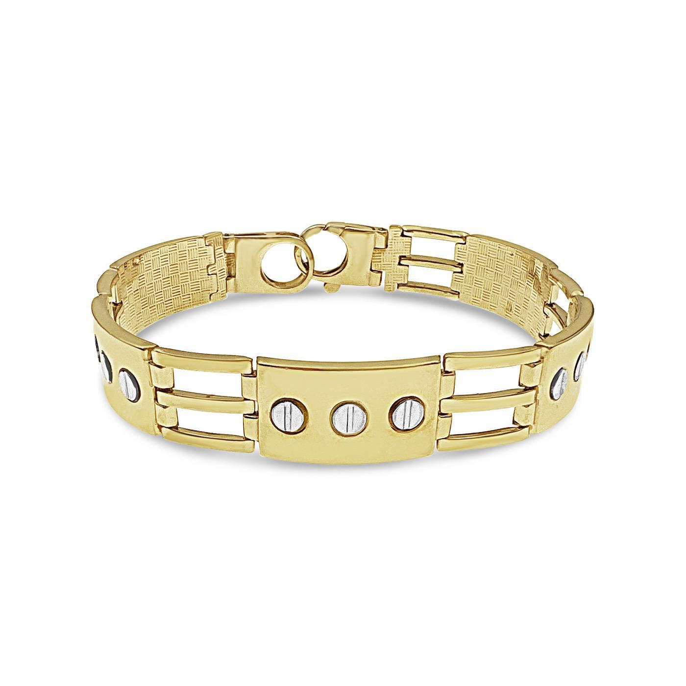 10k Yellow Gold 12.7mm Mens Two Tone Railroad Style Bracelet with Screw Head
