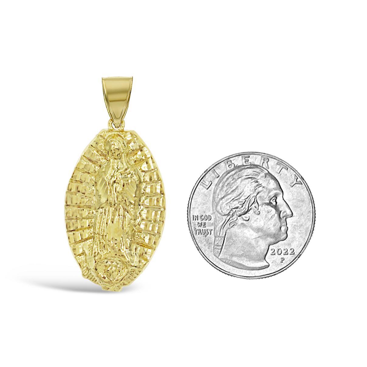 Virgin Mary Pendant Lady Guadalupe Charm 10k Yellow Gold 1.5 inch