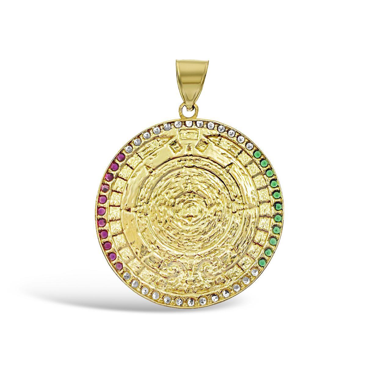 10K Yellow Gold Aztec Calendar Pendant Round Mexico Flag Colors Charm 1.4 inch