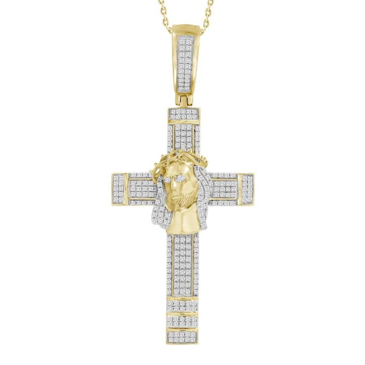 0.50 cttw Diamond Cross Jesus Head Pendant Mens Charm 10k Yellow Gold 2.2 inch