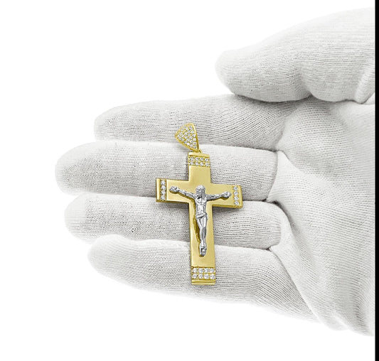 Jesus Cross Crucifix Pendant 10k Gold Two Tone