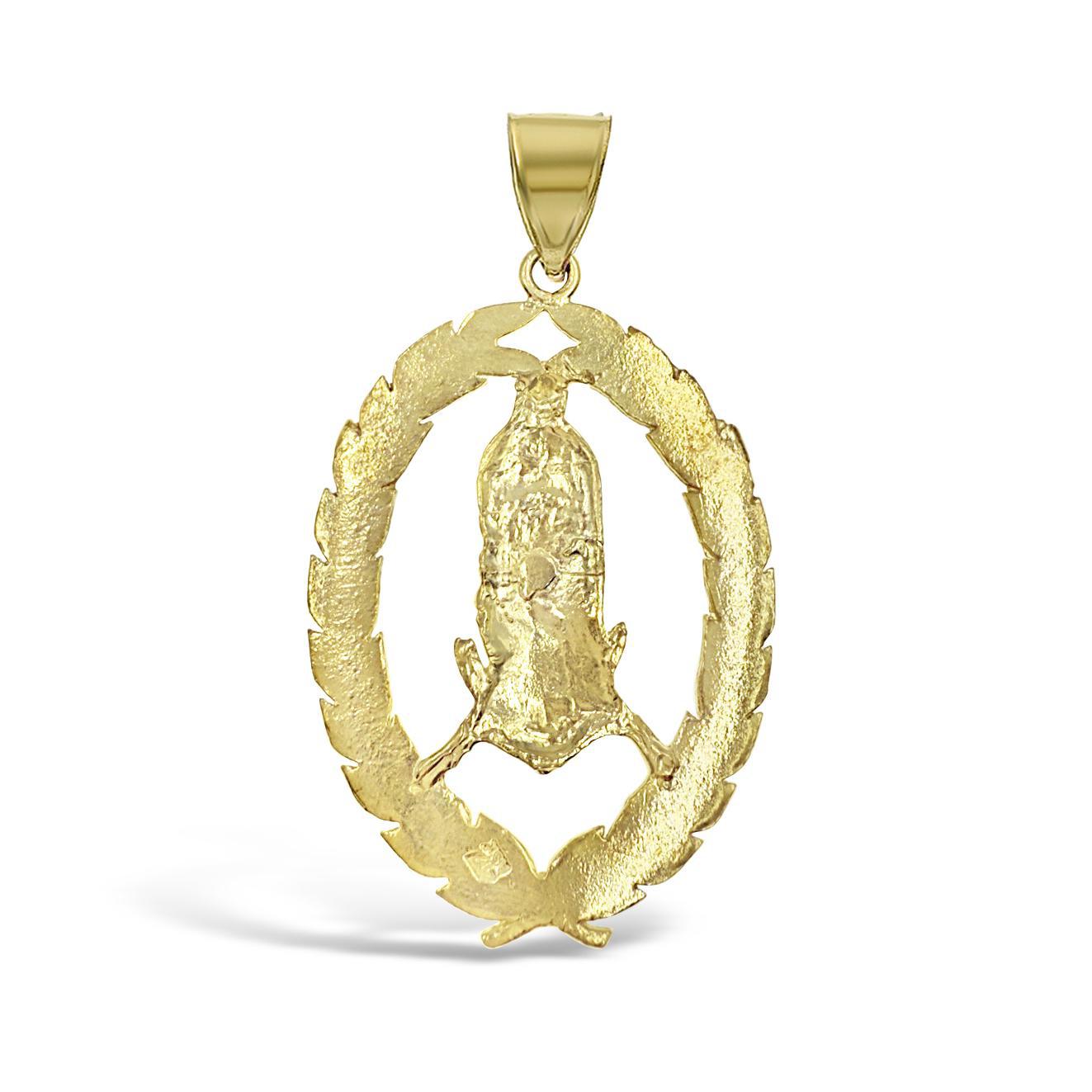10K Yellow Gold Lady Of Guadalupe Oval Leaf Border Pendant Virgin Mary