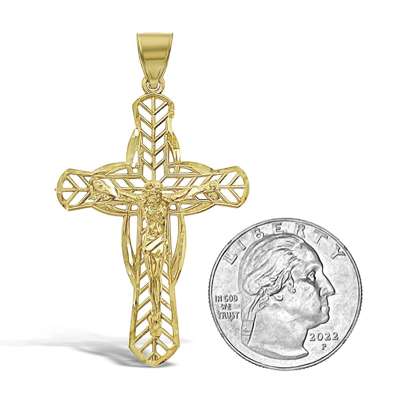 10k Yellow Gold Cross Jesus Crucifix Pendant Mens Charm 2 inch