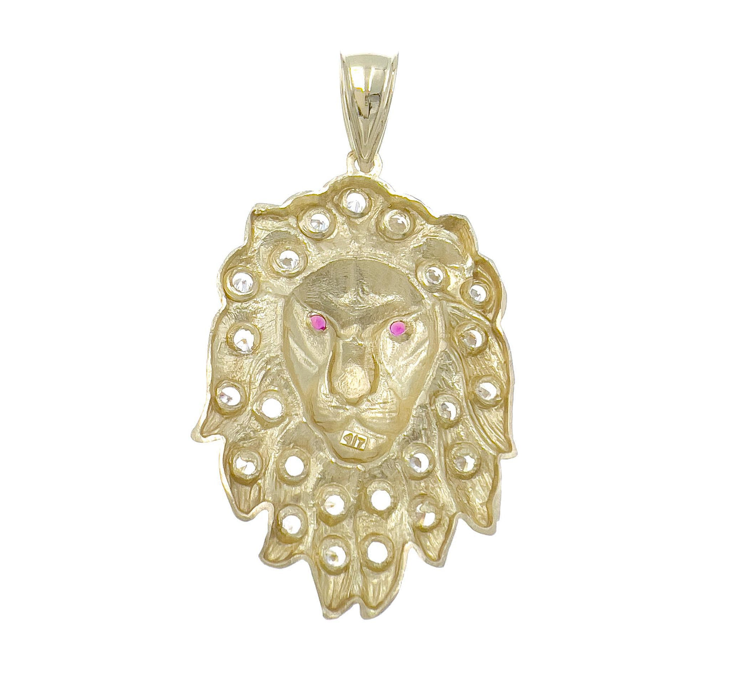 Lion Head Charm Pendant 10k Yellow Gold CZ Simulated Ruby 2.5 inch
