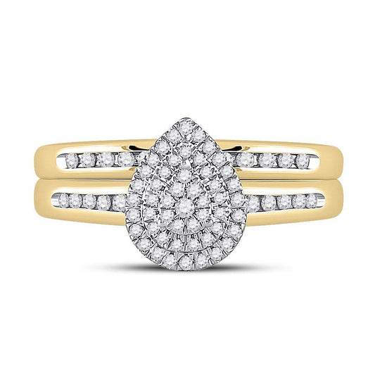 Diamond Pear Cluster Halo Bridal Ring Set 10K Yellow Gold