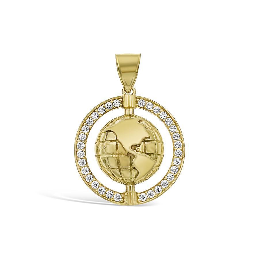 Globe Earth Pendant Charm 10k Yellow Gold CZ 1 inch