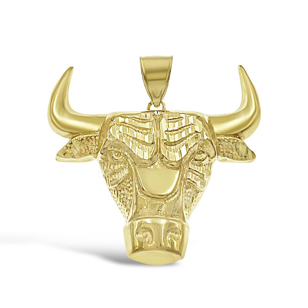 Bull Head Pendant Real 10k Yellow Gold Mens Charm 1.6"