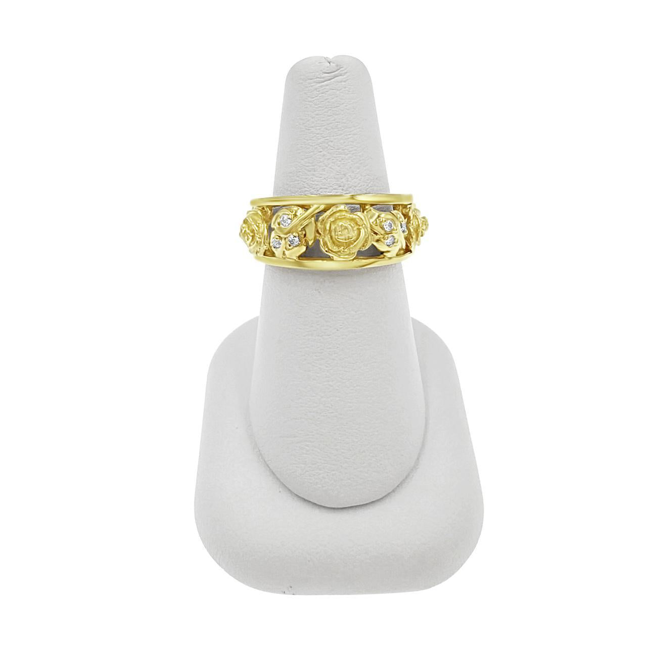 14K Yellow Gold Rose Band Ring CZ Openwork