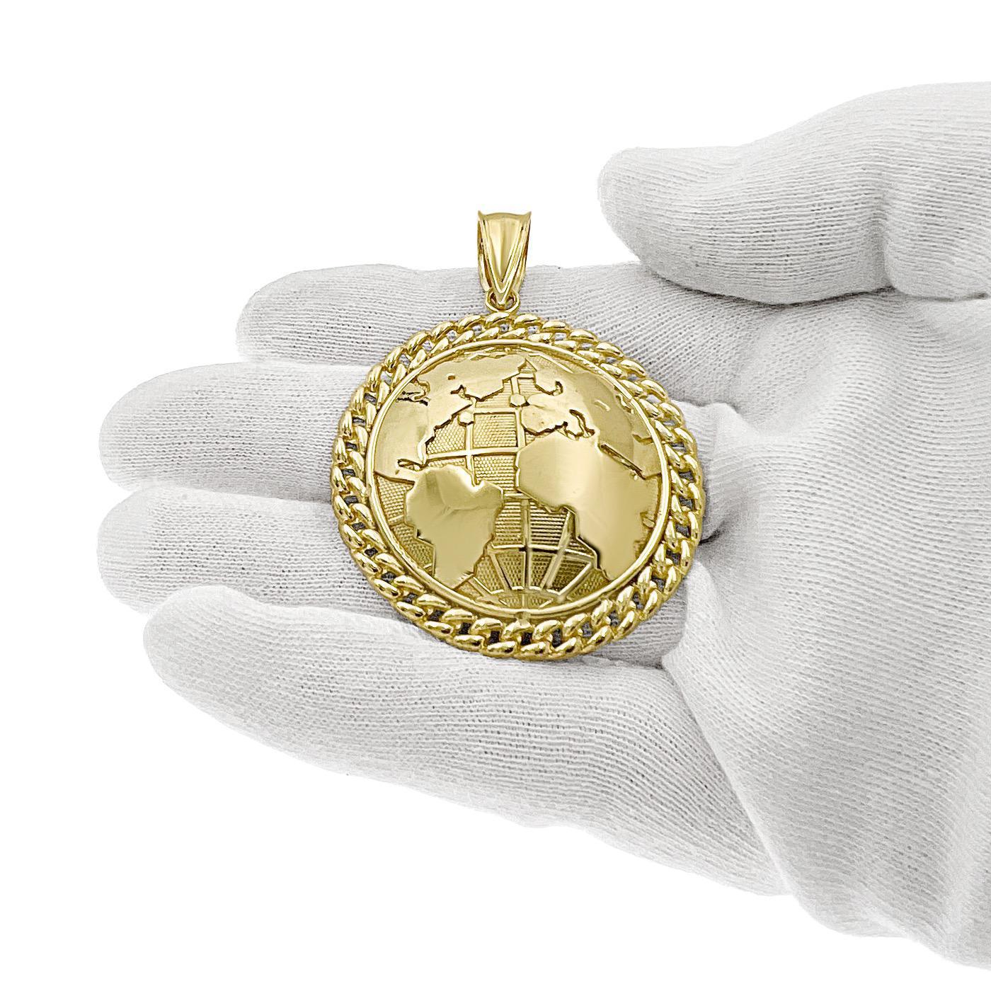 Globe Earth Pendant Mens Charm 10k Yellow Gold 2.3 inch