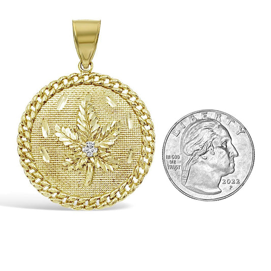 Marijuana Leaf Pendant 10k Yellow Gold Cannabis Weed Pot Mens CZ Charm 2 inch
