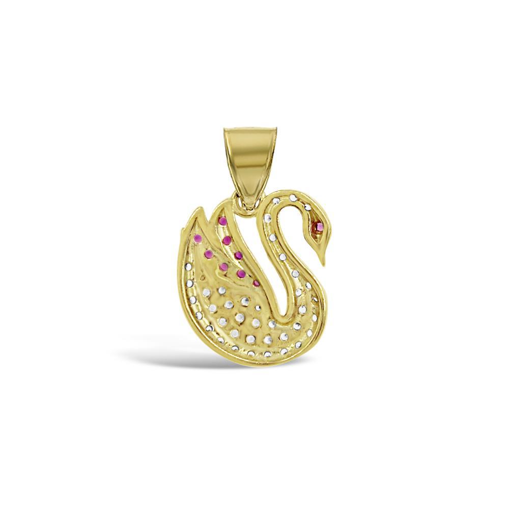 14K Yellow Gold Swan Pendant White & Red CZ Stones Animal Bird Jewelry 0.9 inch