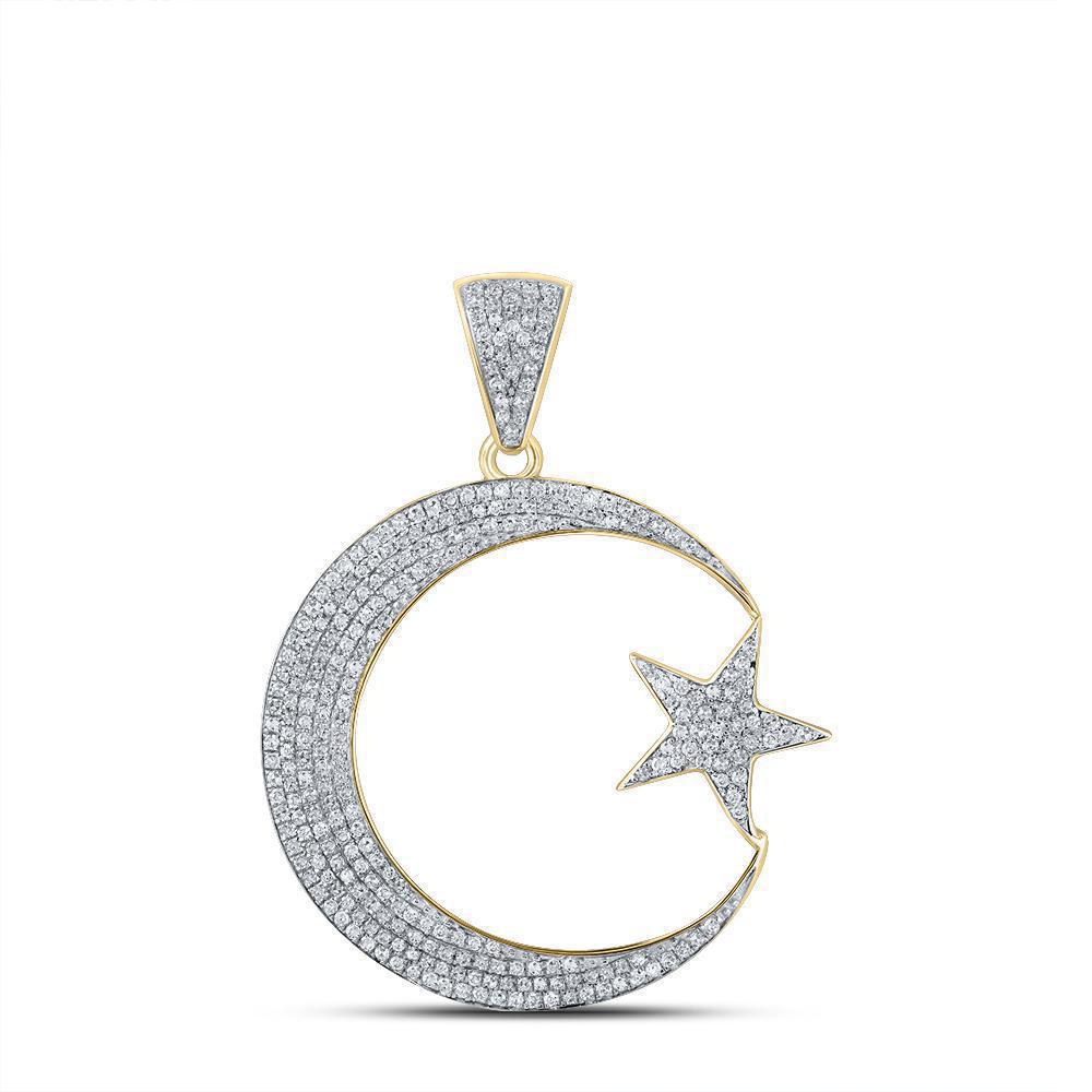 0.80 Cttw Round Diamond Star & Crescent Moon Mens Charm Pendant 10k Yellow Gold