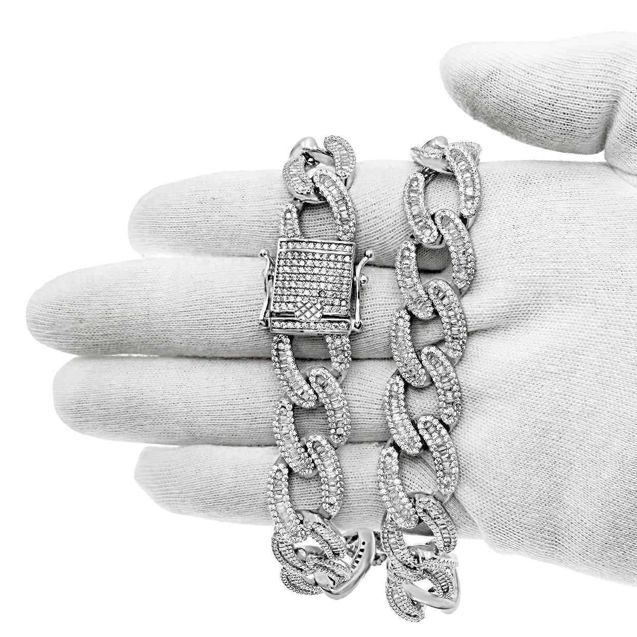 15mm Cuban Link Chain Iced Out CZ Baguette Necklace Solid 925 Sterling Silver