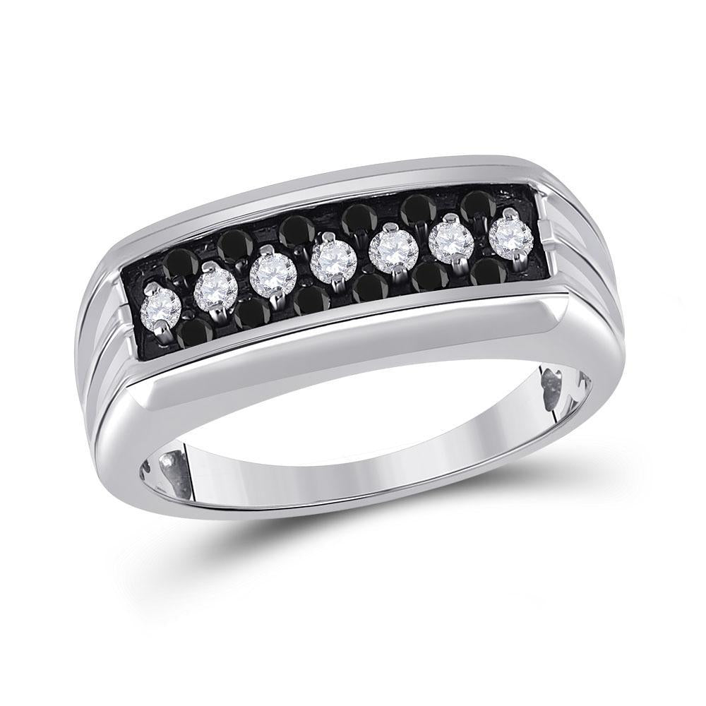 0.50ctw Black White Round Diamond Triple Row Mens Ring Band 925 Sterling Silver