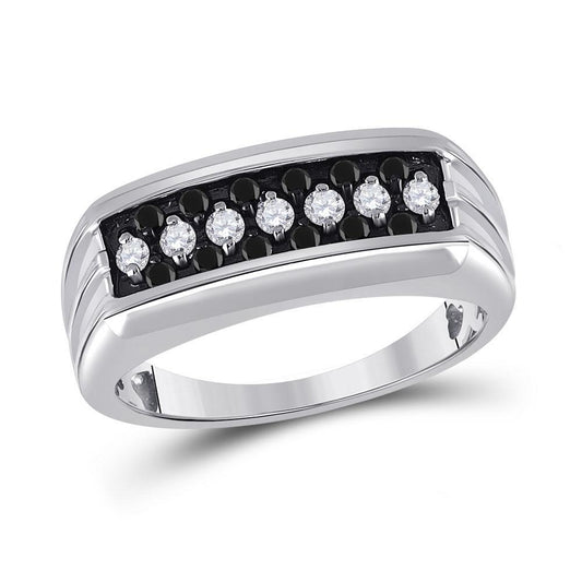 0.50ctw Black White Round Diamond Triple Row Mens Ring Band 925 Sterling Silver
