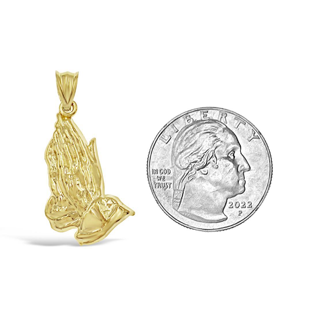 10K Yellow Gold Praying Hands Pendant Mens Charm 1.2 in