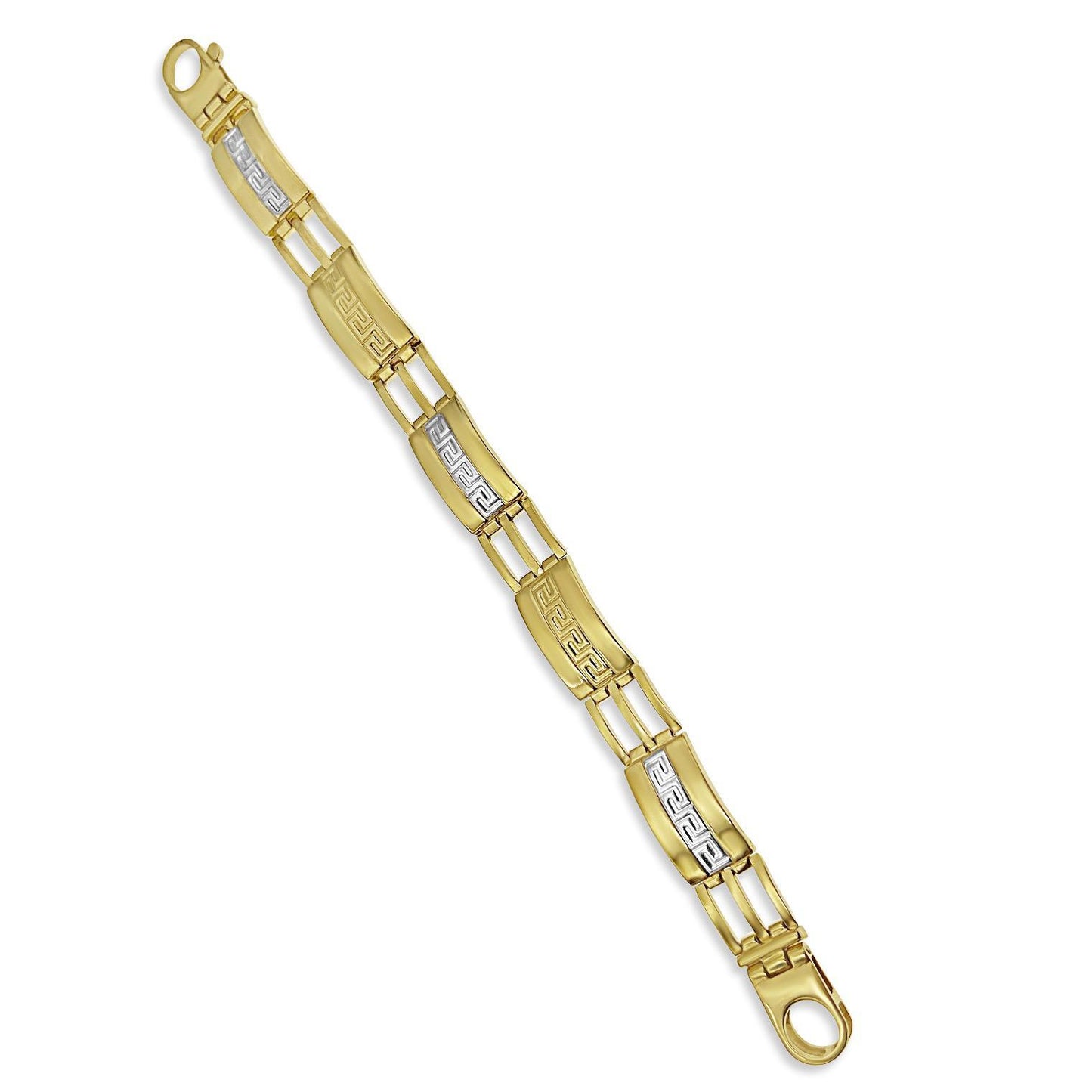 10k Yellow Gold 12mm Railroad Style Greek Key Bracelet Mens Two Tone Textured Links
