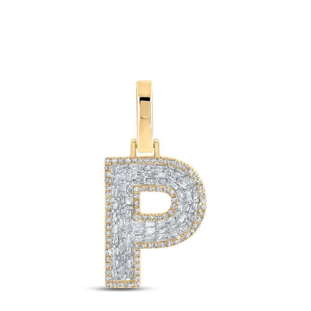 0.48Ctw Baguette Diamond Initial Letter P Charm Pendant 10k Yellow Gold Mens