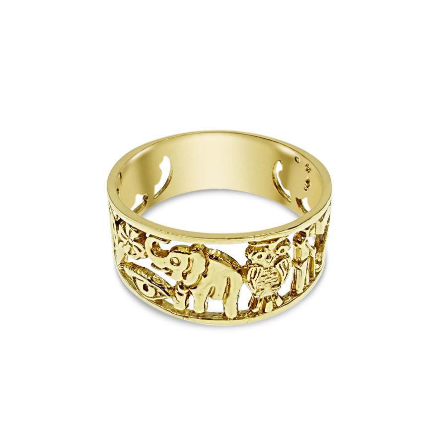 14K Yellow Gold Good Luck Band Ring Elephant Owl Cut out