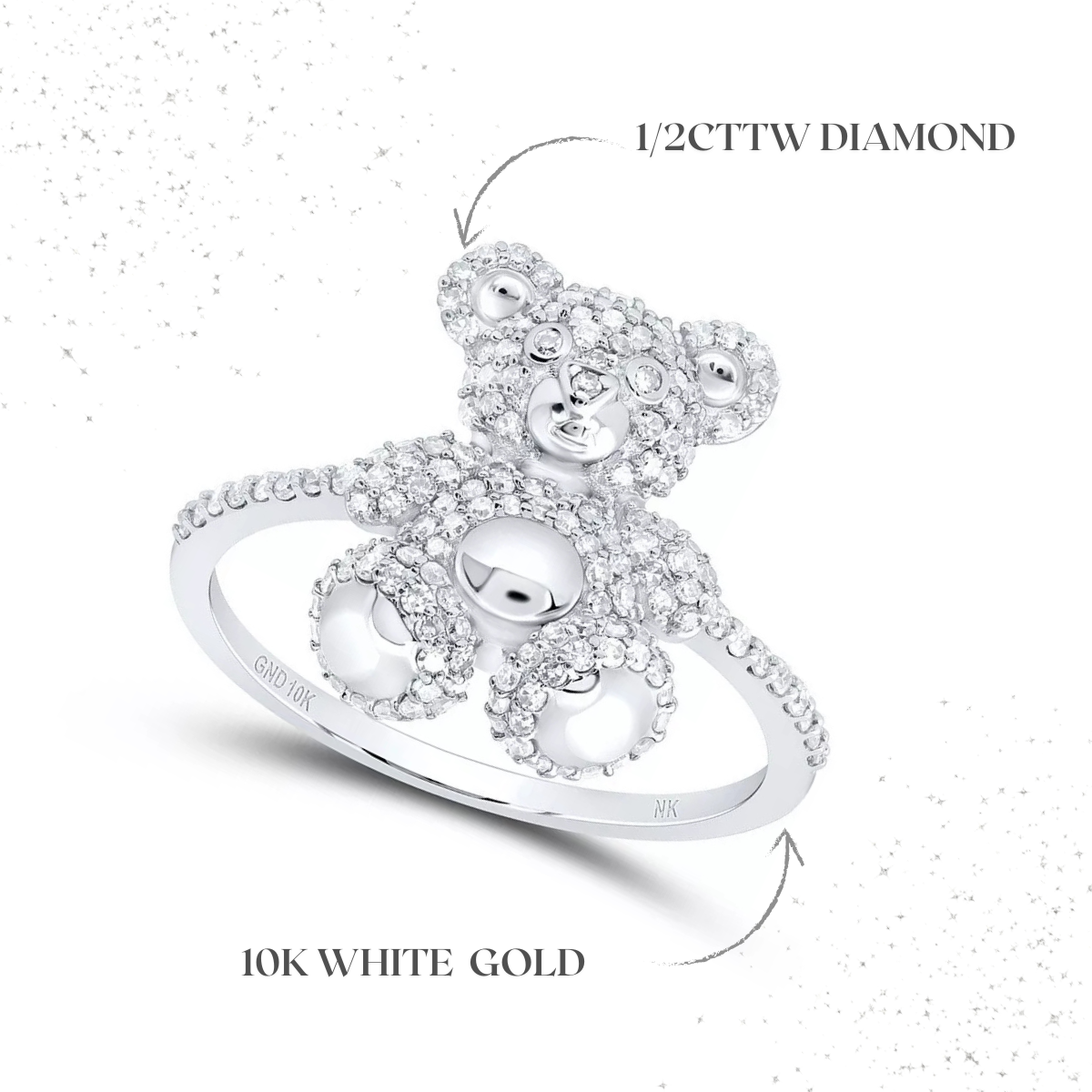 1/2ctw Dia0.50ctw Diamond Teddy Bear Womens Ring 10k White Goldmond Ring 10k Gold 181797