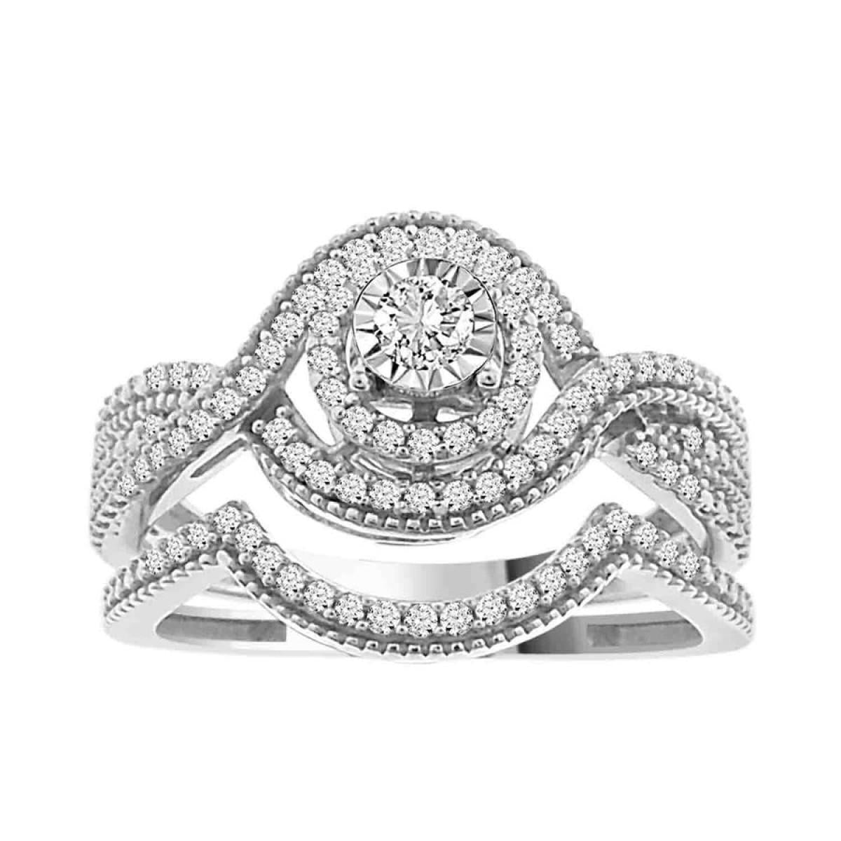 0.33cttw Round Diamond Halo Bridal Wedding Ring Set 10k White Gold