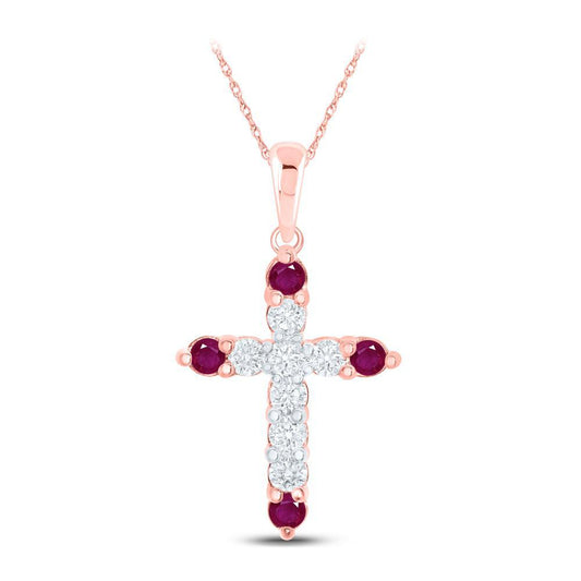 Natural Ruby & Diamond Cross Pendant Charm 10k Rose Gold