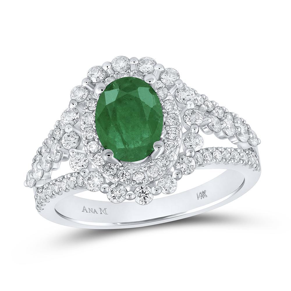 Natural Oval Emerald & Diamond Round Womens Ring 14k White Gold 1.87 Cttw